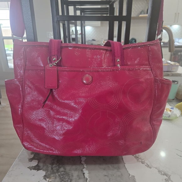 Coach Pink Ruby Patent Leather Designer Diaper/ Messenger /Laptop bag - Picture 1 of 9